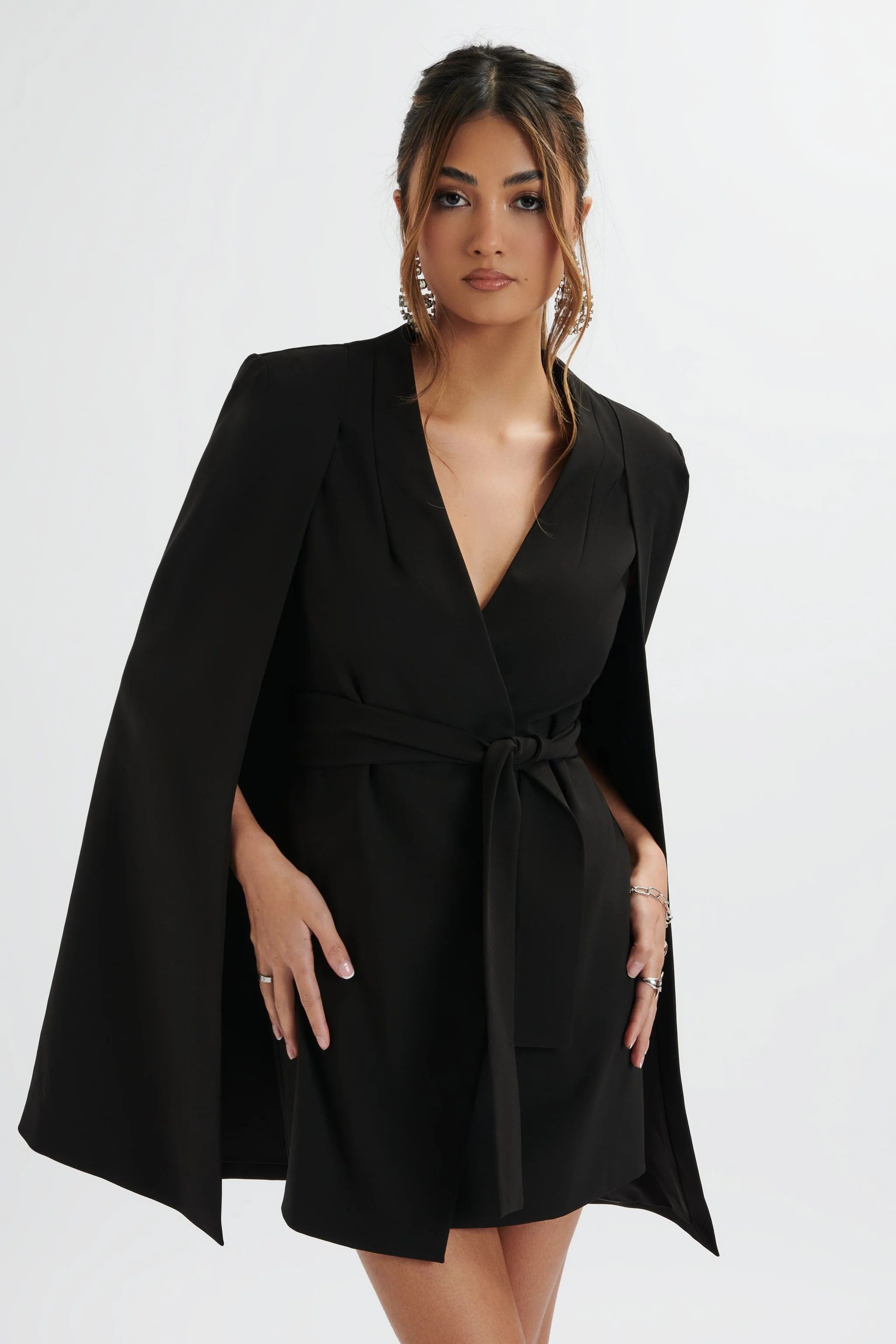 TIFFANY Belted Cape Blazer Mini Dress In Black | Lavish Alice Retail Ltd