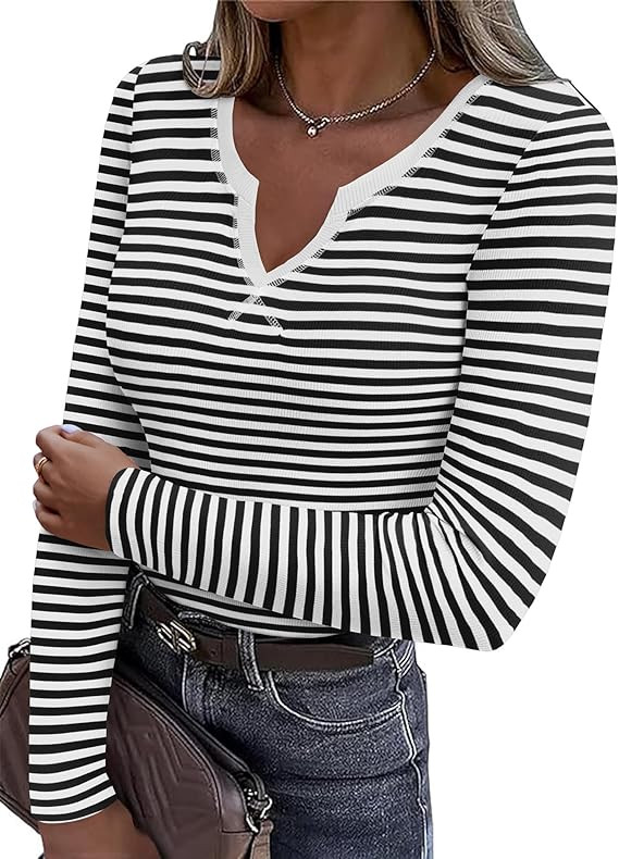 Zeagoo Womens Long Sleeve Shirts V-Neck Slim Fitted Knit Top Stretch Ribbed Basic Tee Casual Y2k ... | Amazon (US)