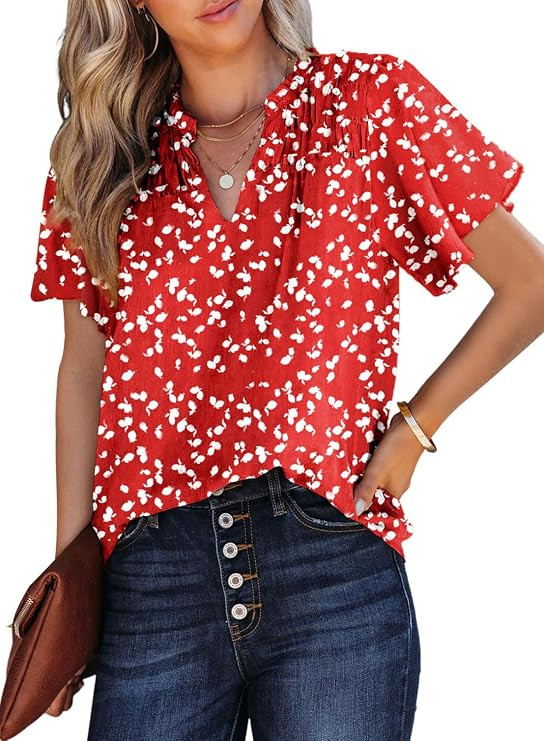 SHEWIN Women's Casual V Neck Floral Print Smocked Short Sleeve Chiffon Blouses Bohemian Top Shirt... | Amazon (US)