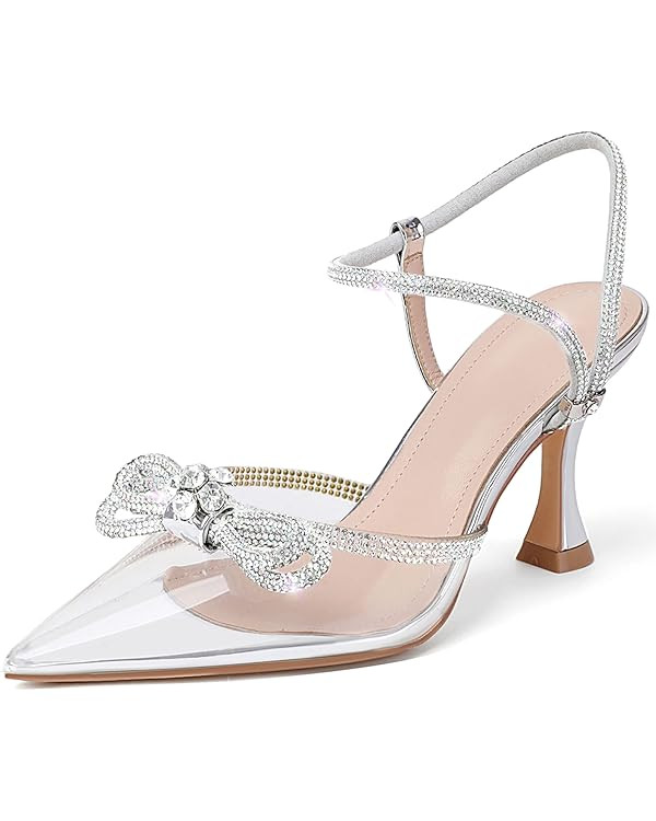 Susanny Women's Closed Toe Rhinstone Wedding Low Heel Slingback Clear Kitten Heels,Adjustable Str... | Amazon (US)
