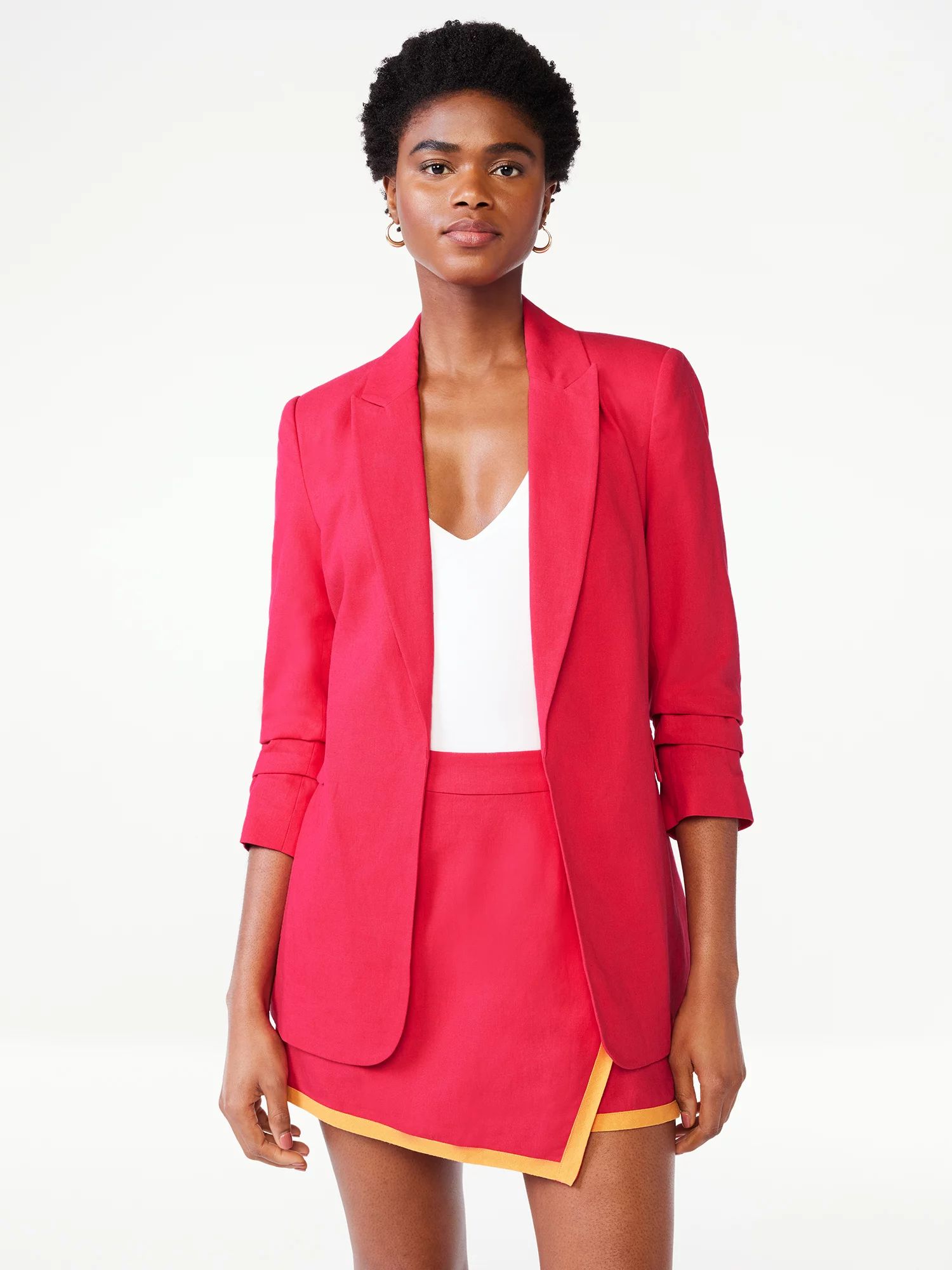 Scoop Women's Linen-Blend Open Front Blazer with 3/4 Scrunch Sleeves - Walmart.com | Walmart (US)