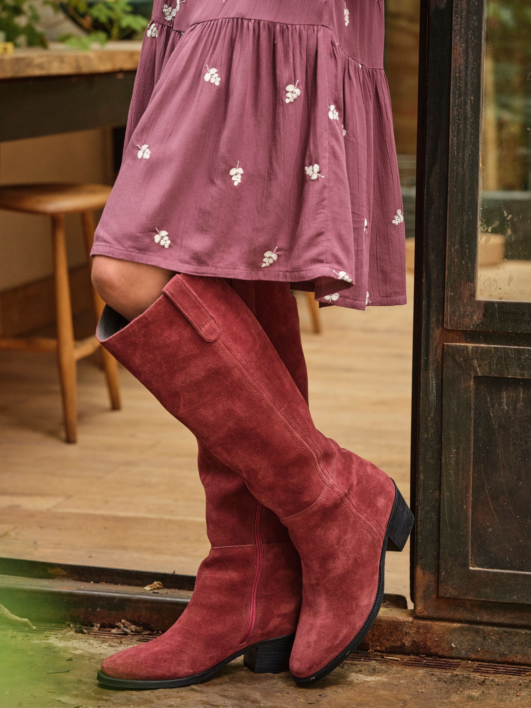 Red Suede Mid Heel Knee High Boot | FatFace | Fat Face