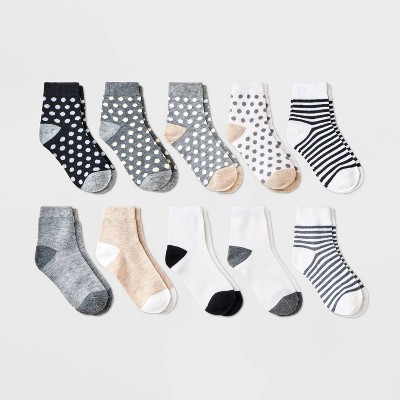 Girls' 10pk Lightweight Ankle Striped & Dotted Socks - Cat & Jack™ Gray L: Recycled Polyester, Banded Cuff | Target