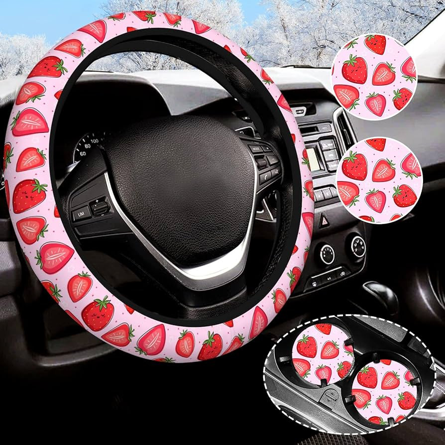 Cute Pink Strawberry Steering Wheel Cover for Women Men with 2 Pcs Car Coasters, Universal 14.5-1... | Amazon (US)