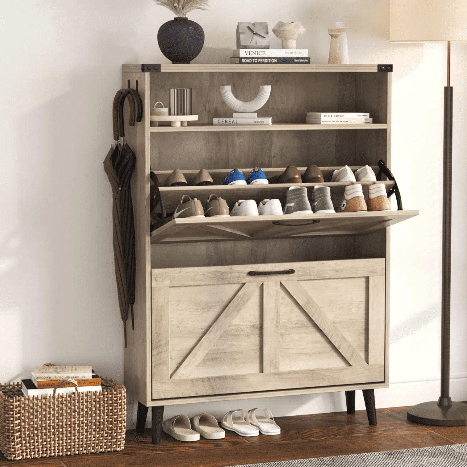 VEANERWOOD Shoe Cabinet with 2 Flip Drawers Farmhouse Shoe Storage Cabinet Organizer for Entryway... | Walmart (US)