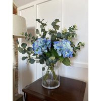 Artificial Blue Hydrangea Floral Bouquet Faux Green Eucalyptus Flower Arrangement | Etsy (US)