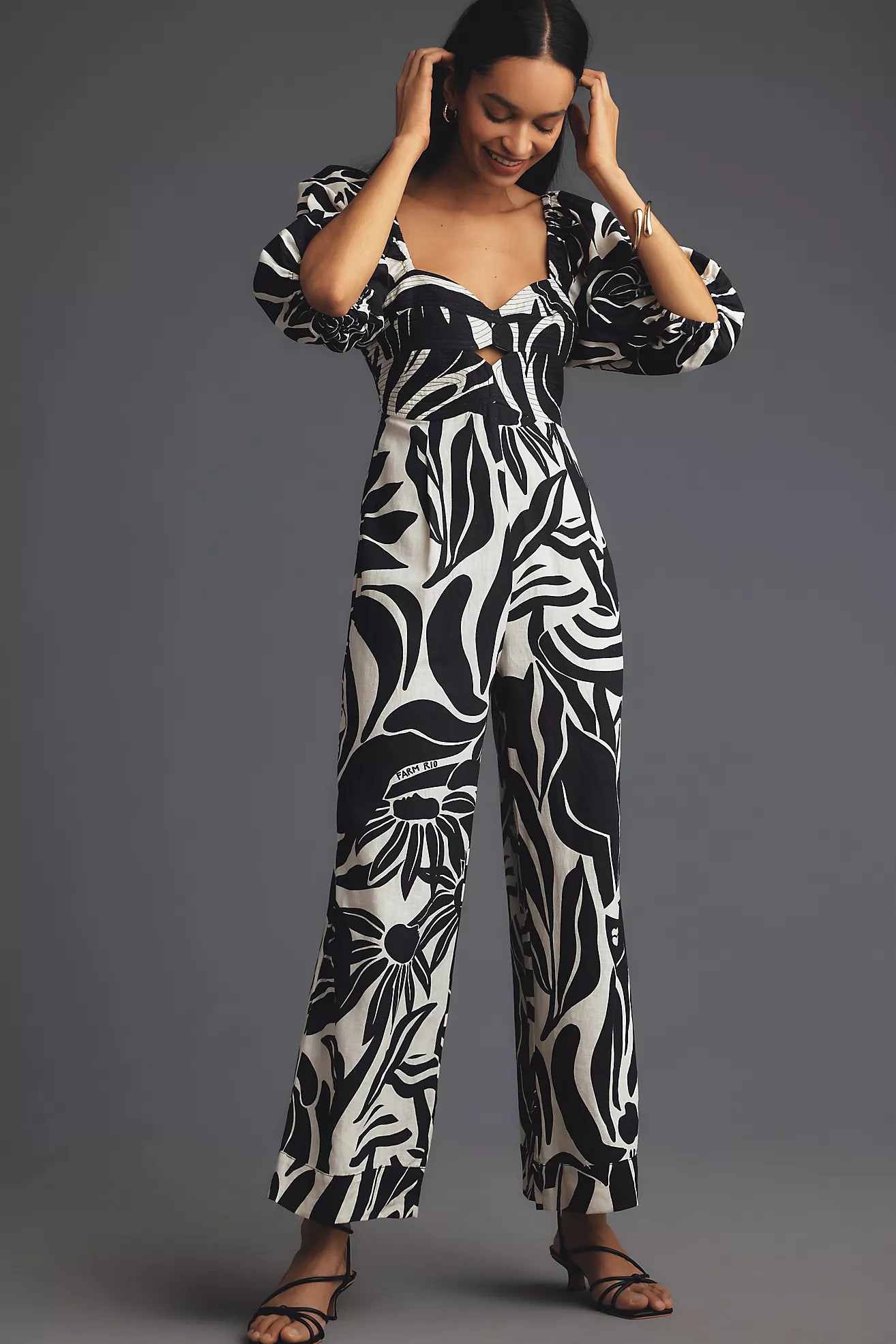 Farm Rio Puff-Sleeve Printed Linen Jumpsuit | Anthropologie (US)