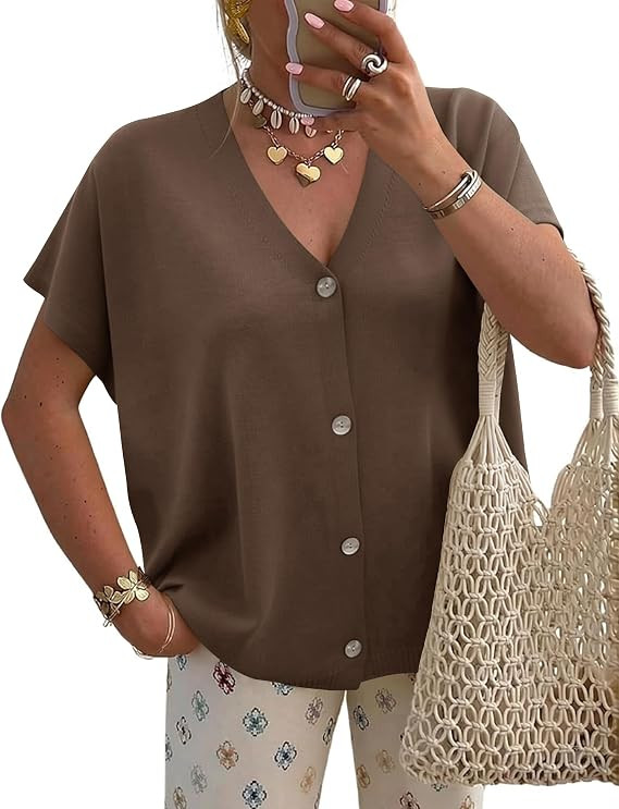 LOMON Oversided Cardigan Sweaters for Women Short Cap Sleeve V-Neck Casual Button Lightweight Kni... | Amazon (US)