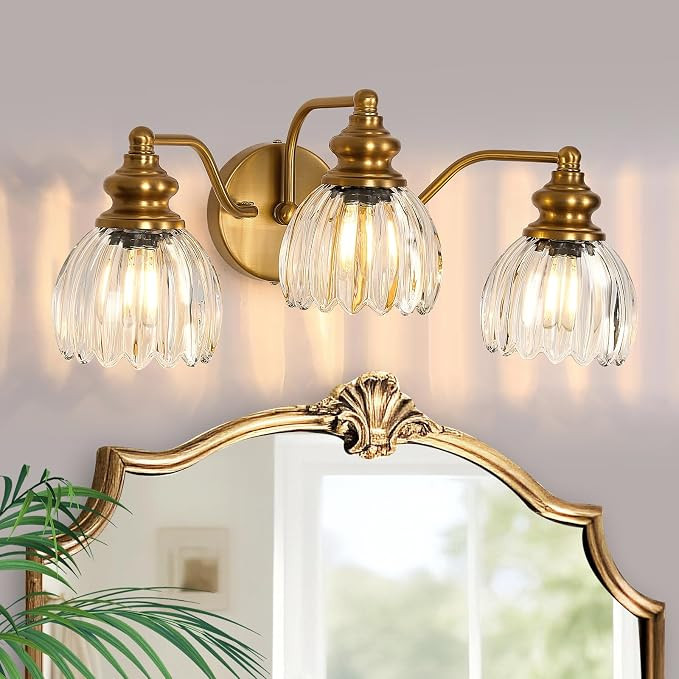 Vintage Bathroom Light Fixtures 3 Lights Gold Glass Vanity Light | Amazon (US)