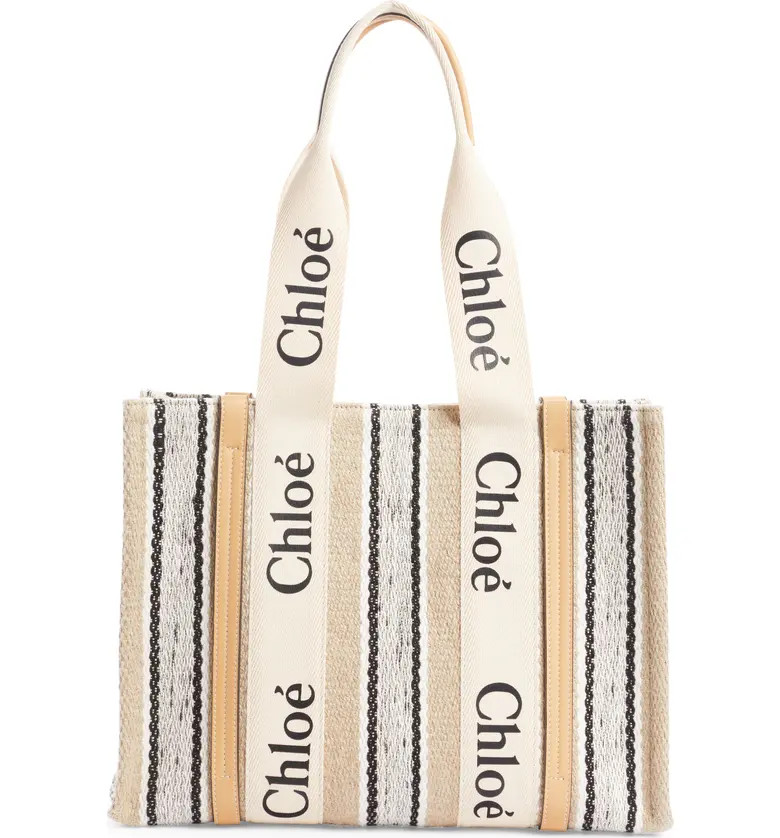 Medium Woody Logo Strap Stripe Linen Tote | Nordstrom