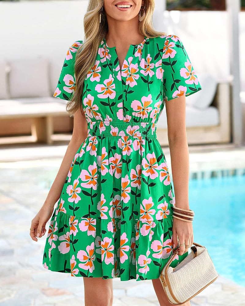 BTFBM Summer Dresses for Women 2026 Lightweight Casual Short Sleeve Floral Mini Dress A Line Beach Vacation Sundress | Amazon (US)