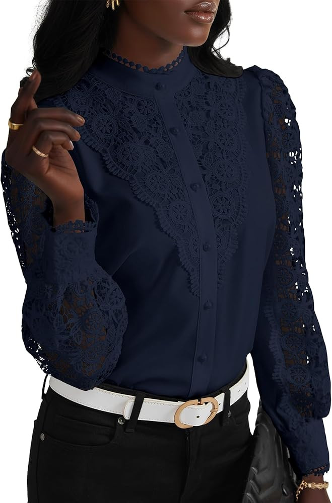 Rooscier Women's Lace Crochet Mock Neck Long Sleeve Button Elegant Blouse Shirt Top | Amazon (US)