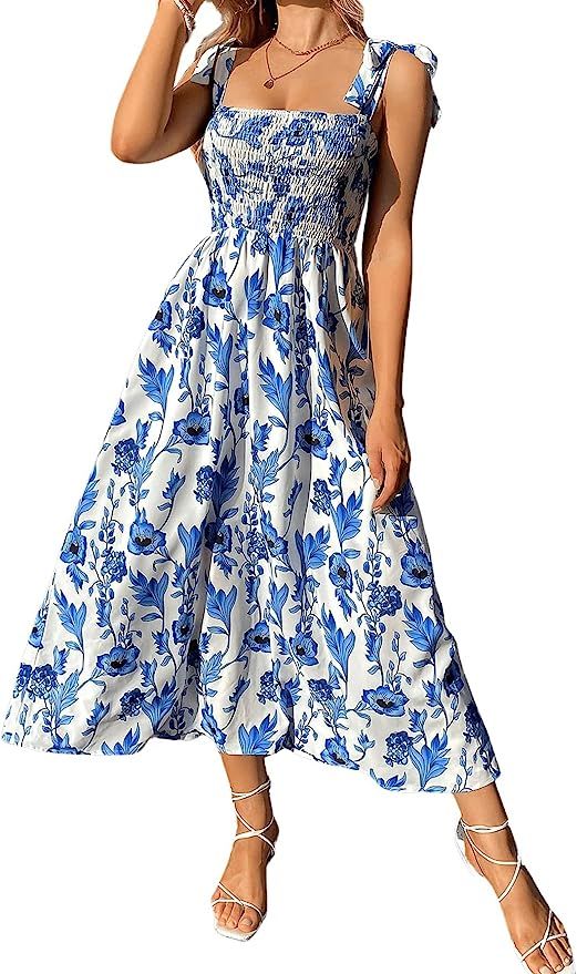 Floerns Women's Floral Print Tie Strap Square Neck Ruffle Boho Maxi Dress | Amazon (US)