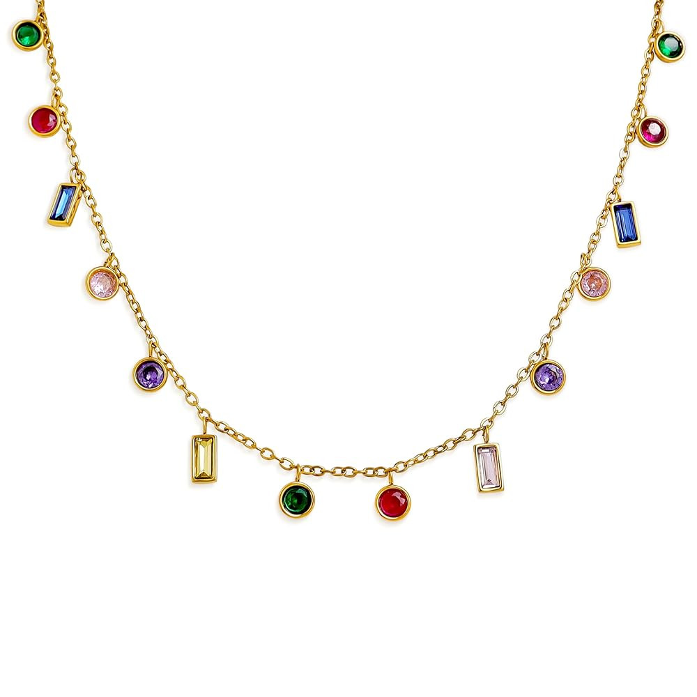 Gold Charm Pendent Choker Necklace for Woman, Boho Dainty Gemstone CZ Rhinestone Dangle Chain Nec... | Amazon (US)