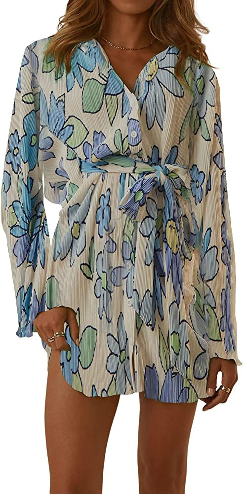 LYANER Women's Collar V Neck Button Down Pleated Long Sleeve Mini Shirt Dress with Belt | Amazon (US)