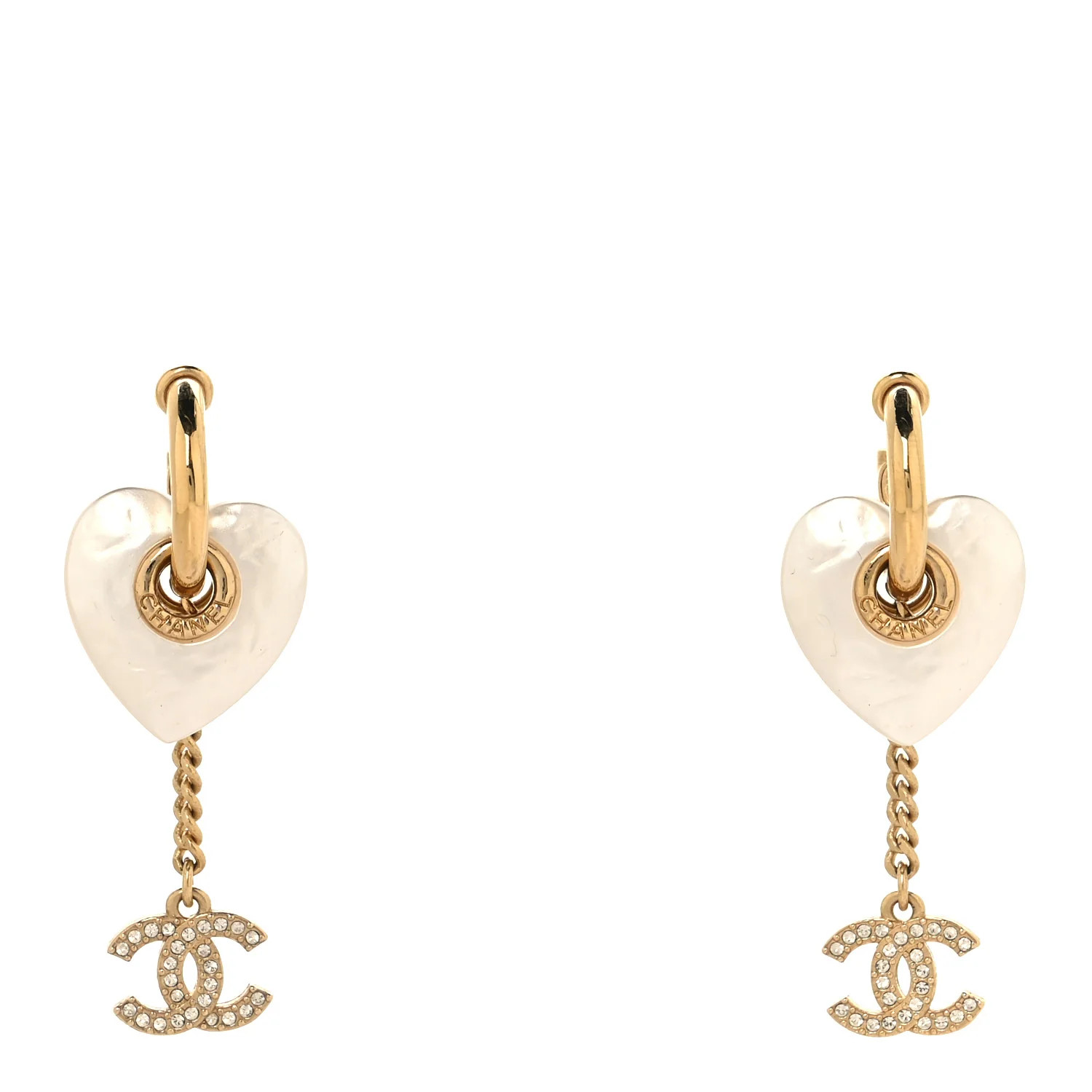 Metal Pearl Crystal Heart Chain Drop CC Earrings Gold White | FASHIONPHILE (US)