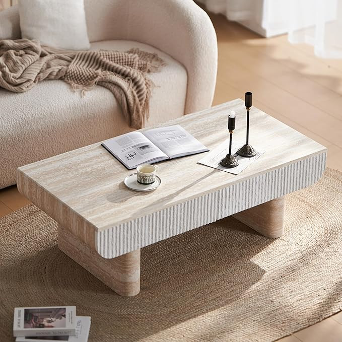 KEIKI 47" Coffee Table with Fluted Drawer, Oval Wood Coffee Table with Faux Marble Tabletop for L... | Amazon (US)