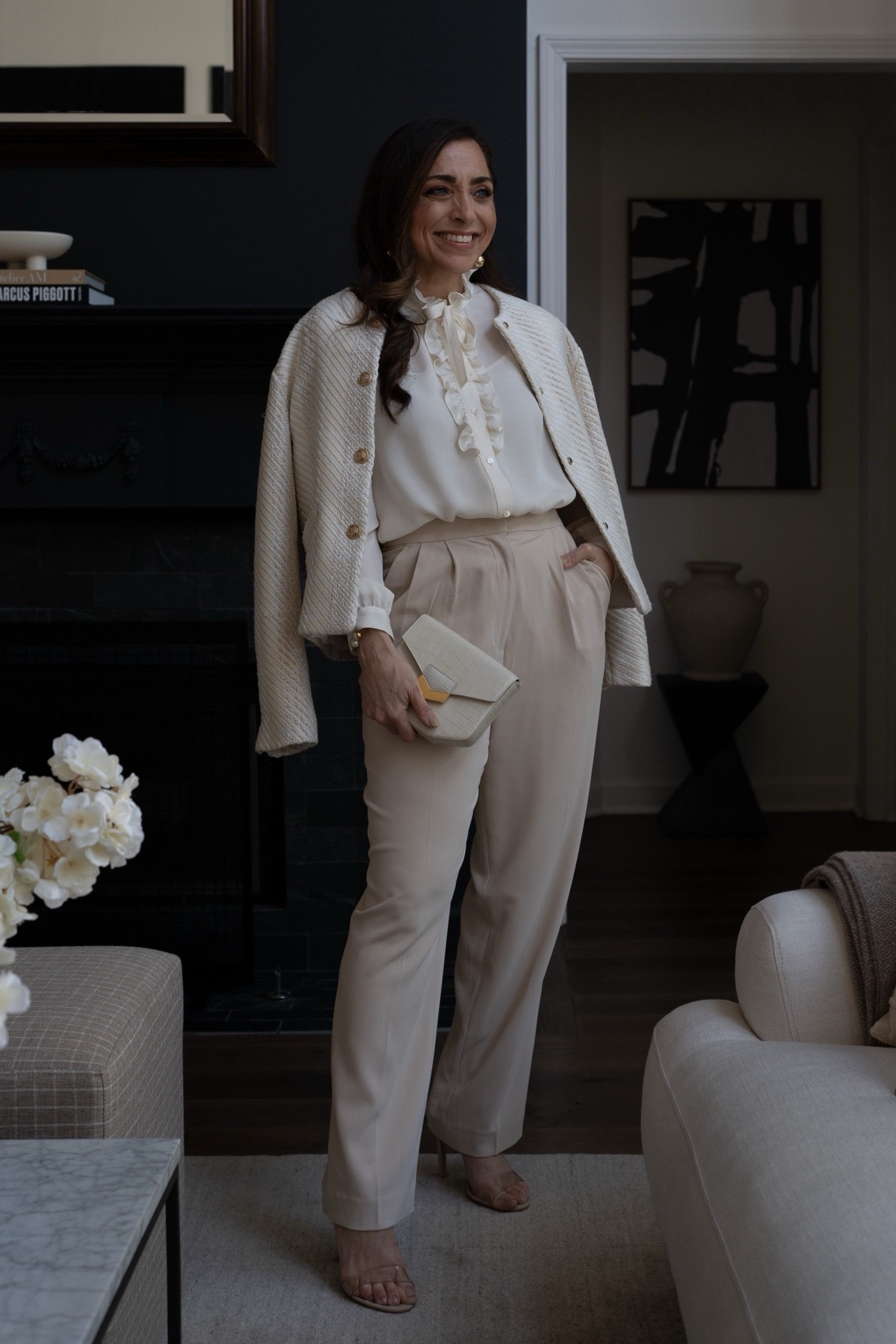 Spring Outfit Inspiration, Spring Summer, Neutral Style, Tweed Mango Jacket, Neutral Tailored Trousers, Dressed Up, Gold Earrings 

#LTKstyletip #LTKSeasonal