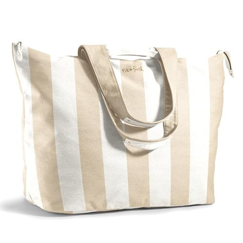 Fit & Fresh Large Beach Bag for Women - Extra Large Travel Tote With Pockets, Taupe Stripe | Amazon (US)