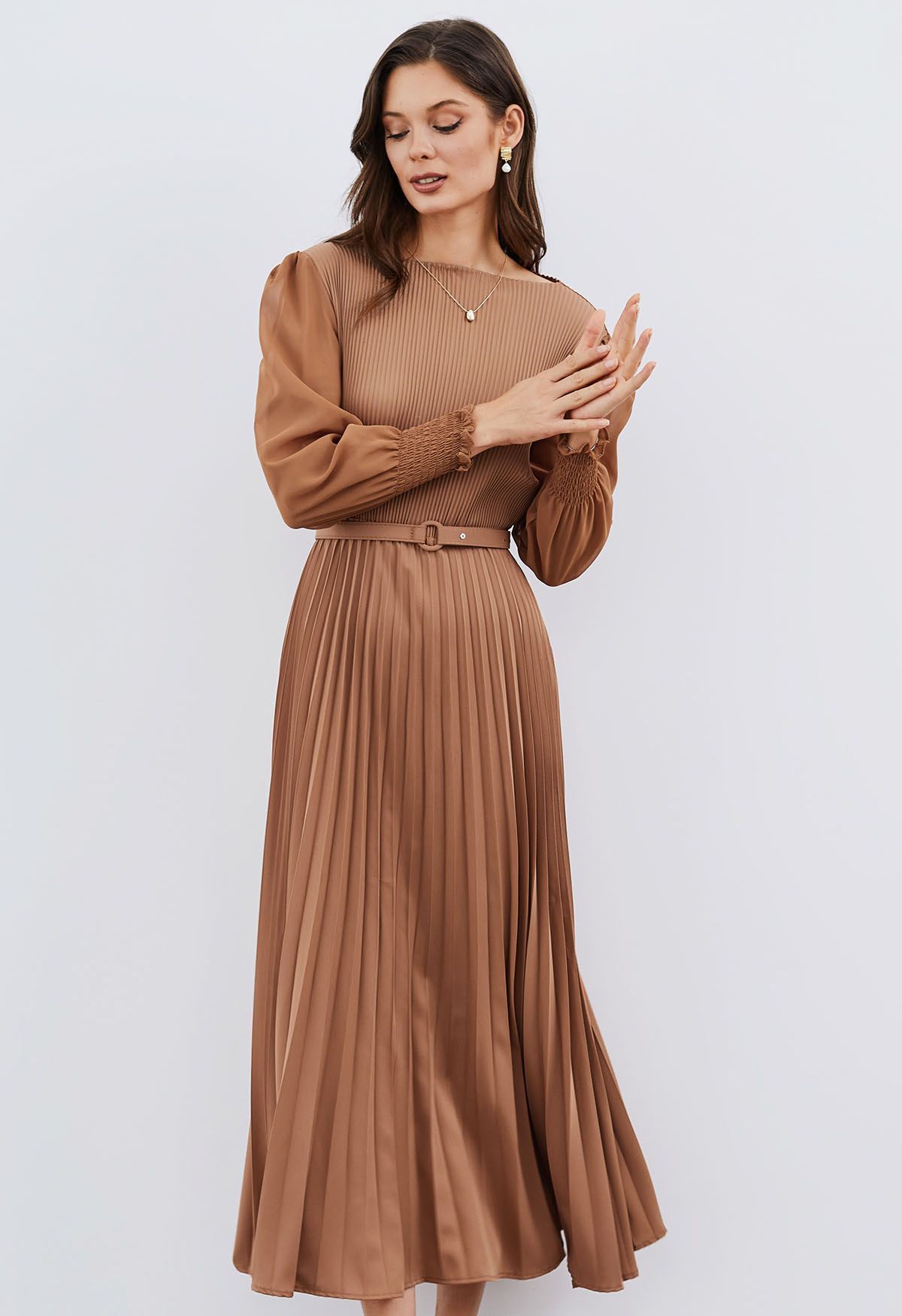 Full Pleated Belted Maxi Dress in Tan | Chicwish