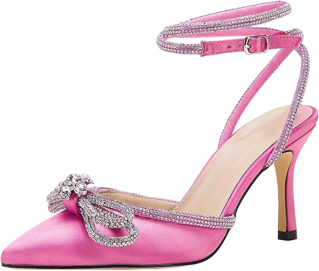 VETASTE Women's Double Bow Pointed Toe Ankle Strap Crystal Pumps Wedding Bridal Party Stilettos B... | Amazon (US)