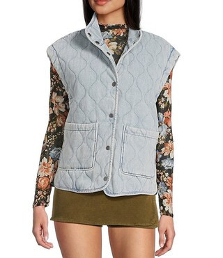 Quilted Washed Denim Button Front Vest | Dillard's