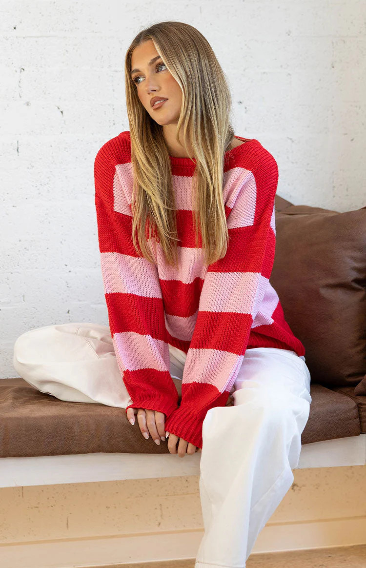 Finley Red and Pink Stripe Off Shoulder Knit Sweater | Beginning Boutique (US)
