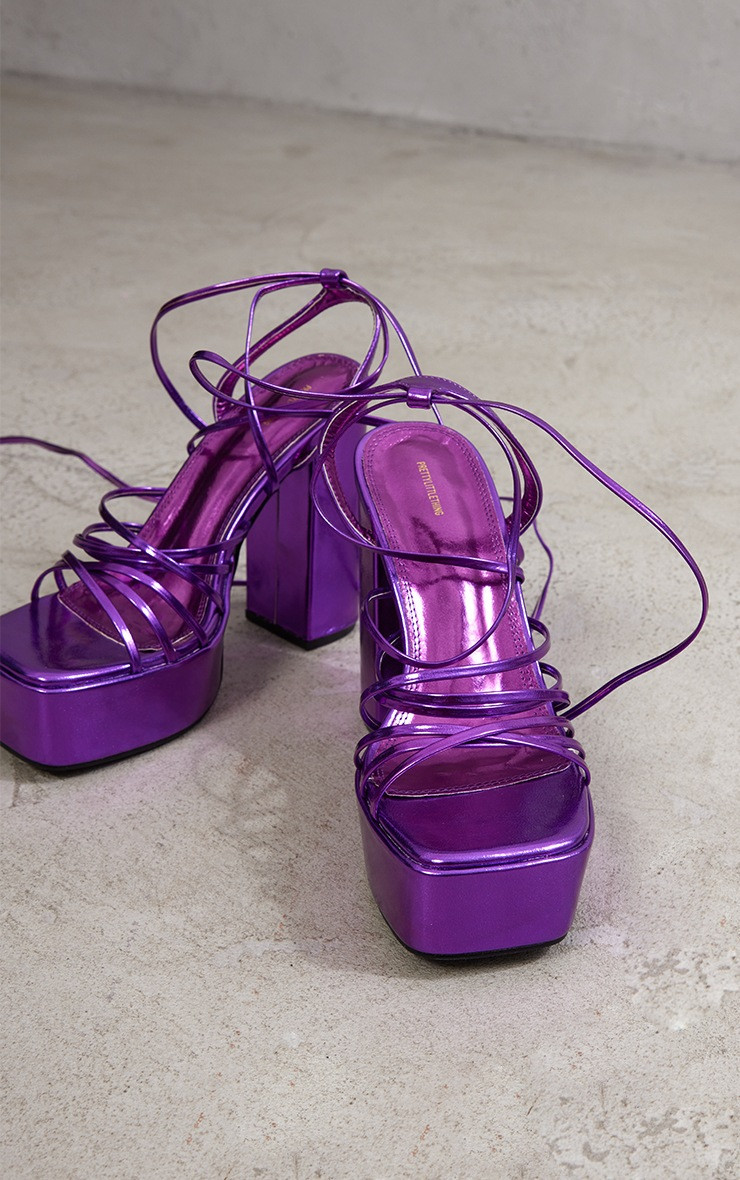 Purple Metallic PU Multi Strap Lace Up Platform High Block Heeled Sandals | PrettyLittleThing US