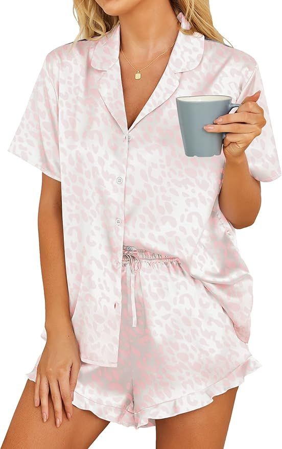 Hotouch Womens Satin Pajamas Set Button Down 2 Piece Silk Pjs Shorts Set Ruffle Lingerie Notch Co... | Amazon (US)