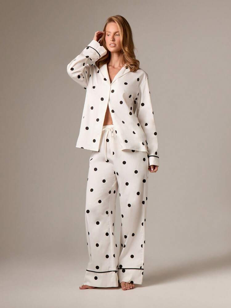 AiiRZ Polka Dot Button Front Pajama Set For Women Long Sleeve Sleepwear Loungewear Nightwear Two ... | SHEIN