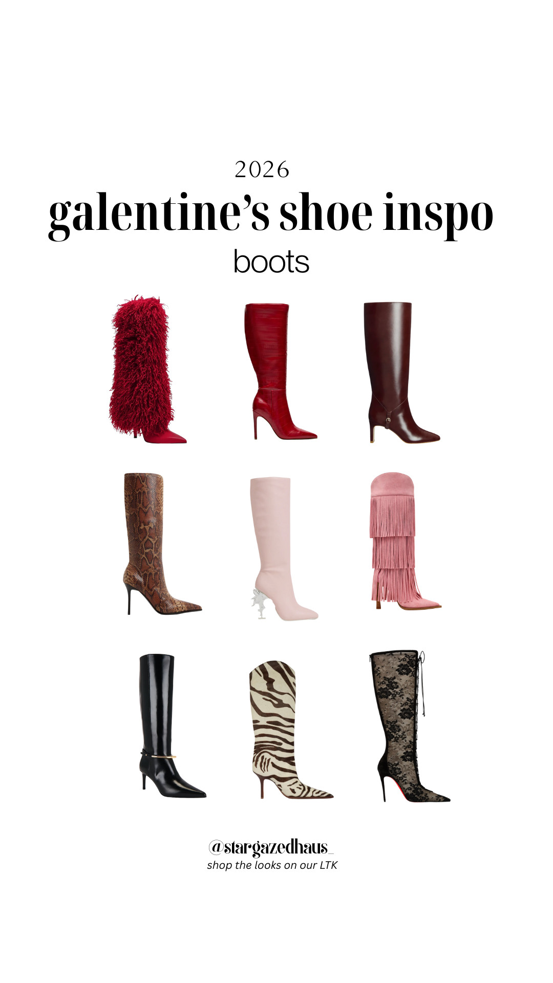 2026 Galentine’s Shoe Inspo: The Ultimate Boot Edit 🎀✨

Your Galentine’s (and Valentine’s!) look starts from the floor up. Whether you’re going for "Western Chic" or "Luxe Romance," I’ve rounded up the most wanted boots of the season. From the iconic Schutz Maryana to the festival-ready SPARKL, these are the statement pieces your closet is craving.

❤️ Reformation Gaelle Knee Boot: The perfect deep ruby red with sleek buckle detailing. A total classic for date night.

🦓 Schutz Maryana Wild Calf Hair Boot: This zebra print is the ultimate neutral. It’s a "walk-in-and-own-the-room" kind of boot.

💖 Steve Madden KINZEE Fringe: In the dreamiest pink suede. If you love the Western trend but want to keep it feminine, these are for you.

✨ SPARKL Fairy Icon Boot: For my maximalist girls! Iridescent, whimsical, and 100% iconic.

🖤 FWRD Sancia Boot: High-shine, sleek, and sophisticated. The stiletto heel you’ll reach for every time you want to feel powerful.

Reformation Gaelle Boots, Schutz Maryana Wild Zebra, Steve Madden Kinzee Pink Fringe, SPARKL Fairy Icon Boots, FWRD Sancia Boot, red knee high boots, pink western boots, animal print stiletto boots, Galentine's Day outfit ideas 2026, luxury footwear trends, LTK shoe find.

#LTKunder500 #LTKshoecrush #Reformation #SteveMadden #Schutz #GalentinesDay #WinterFashion2026 #StatementBoots #WesternChic
 

 #LTKValentine #LTKgrwm #LTKSeasonal