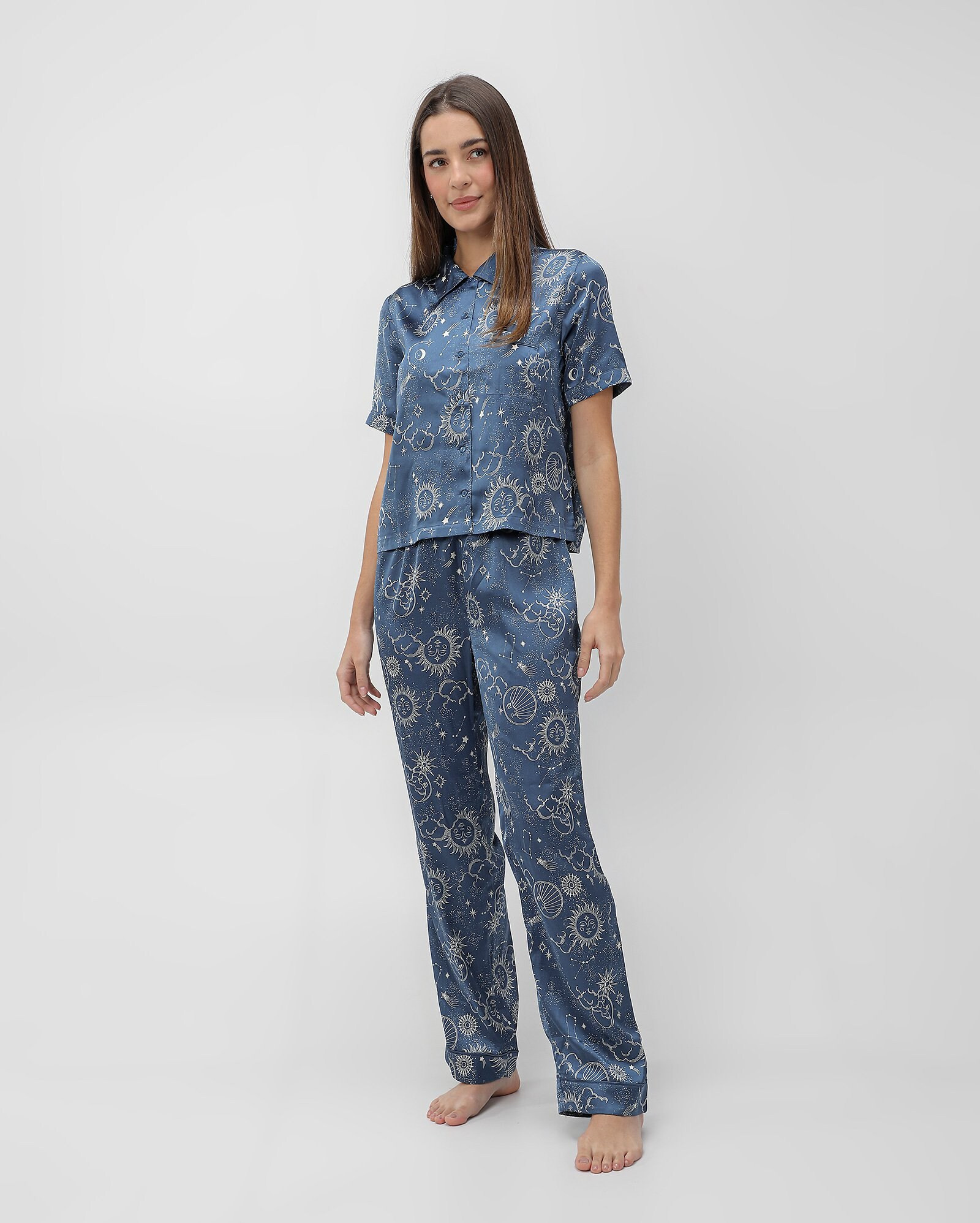 Pijama longo feminino americano místico acetinado azul | Riachuelo | Riachuelo (BR)