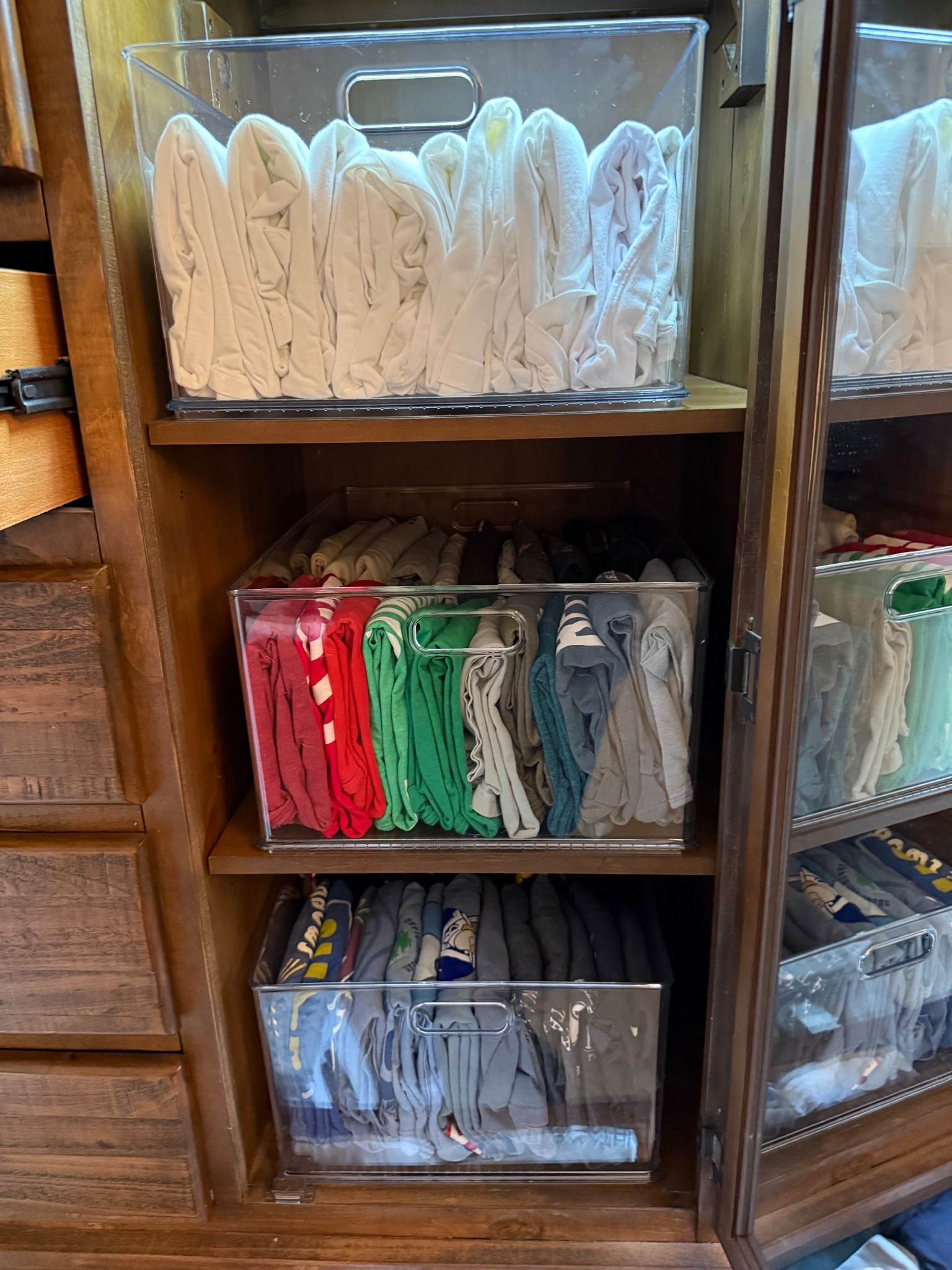 The best Clear Stackable Bins by Idesign from the Container Store. These are size LARGE but they also come in small depending on the depth. 
They are EXPENSIVE but they are the best! 
Perfect for closets, nursery’s mudroom, storage rooms, pantries! 