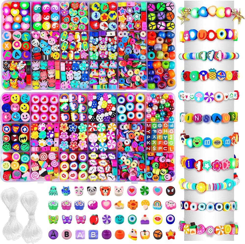 CZWZ 1560pcs Polymer Clay Beads Bracelet Making Kit,36 Styles Cute Fun Heart Flower Fruit Animal ... | Amazon (US)