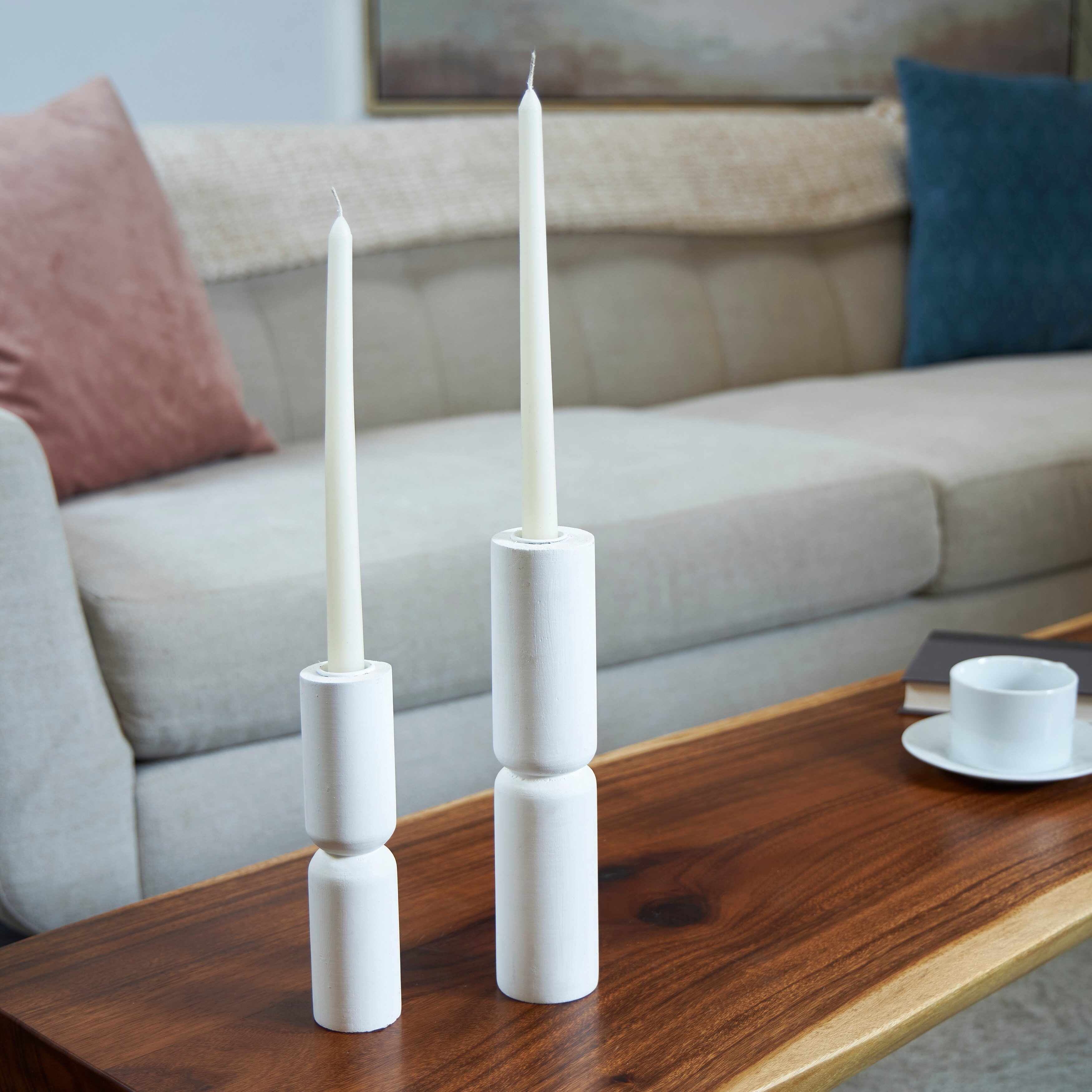 White Wood Minimalistic Tapered Candle Holder (Set of 2) | Bed Bath & Beyond