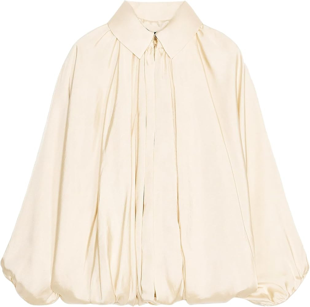 Womens Puffed Bomber Jacket Casual Batwing Sleeve Lapel Collar Zip Shirts Oversized Pleated Stree... | Amazon (US)