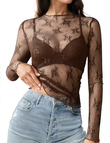 HOTOUCH Women's Mesh Sheer Tops Long Sleeve Layering Top Mock Neck See Through Floral Lace Shirt Blouse Brown Sheer Top XL | Amazon (US)