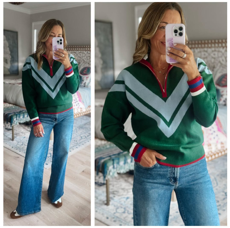 Varsity prep is having a moment and I'm fully on board. 🏈 This sweater has all the collegiate charm with bold chevron stripes and sporty details, but still feels polished enough for everyday. 

 #LTKdayinmylife #LTKootd #LTKmomlife