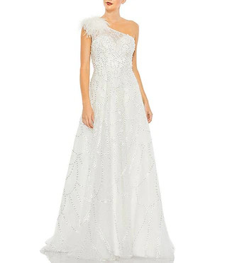 Embellished Asymmetrical Neck Sleeveless Feather Shoulder A-Line Gown | Dillard's