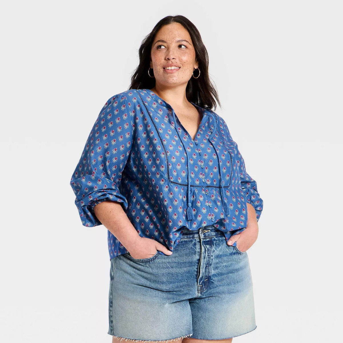 Women's Balloon Long Sleeve Printed Blouse - Universal Thread\u2122 Blue Floral XXL | Target