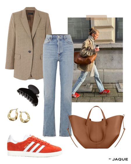 Casual street style. Plaid women blazer. Gold hoops earrings. Hair clip. Polene purse bag. Light straight jeans denim. Adidas orange gazelle sneakers. Womenswear’s.

#LTKstyletip