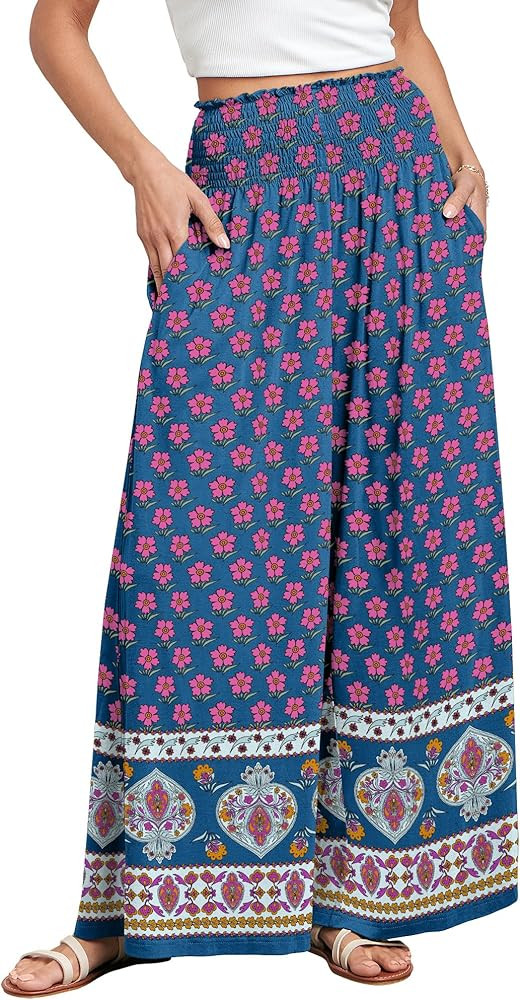 ANRABESS Women Palazzo Pants Summer Boho Bagyy Wide Leg High Smocked Waist Casual Loose Lounge Pa... | Amazon (US)