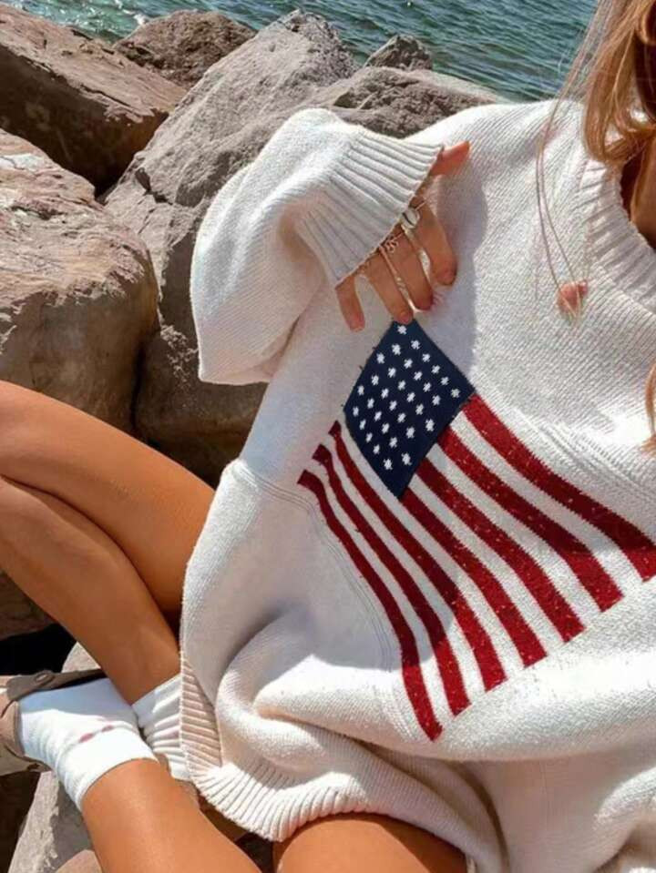 INAWLY Plus Americana Pattern Drop Shoulder Sweaters For Vacation | SHEIN