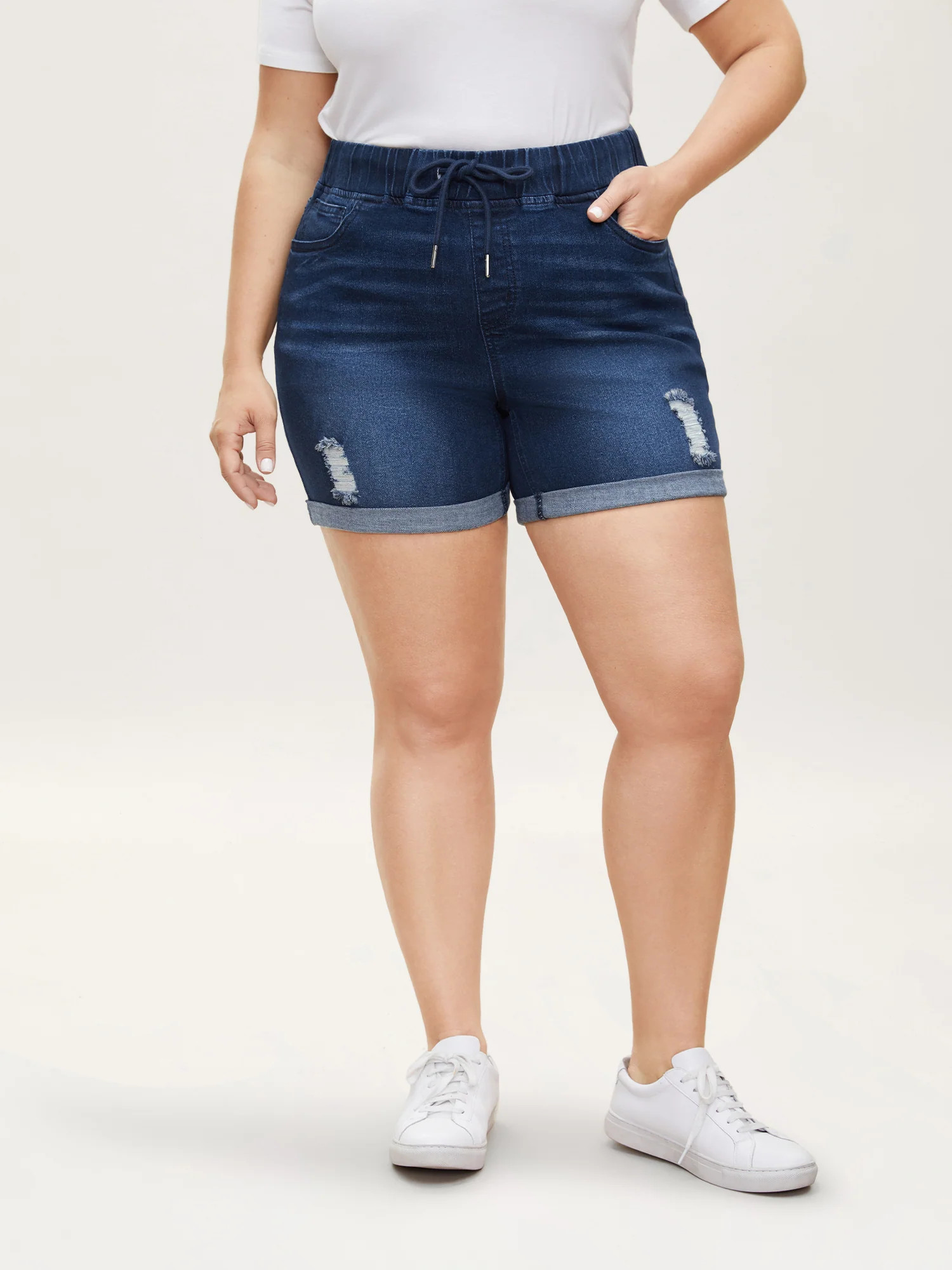Distressed Drawstring Roll Hem Denim Shorts | Bloomchic
