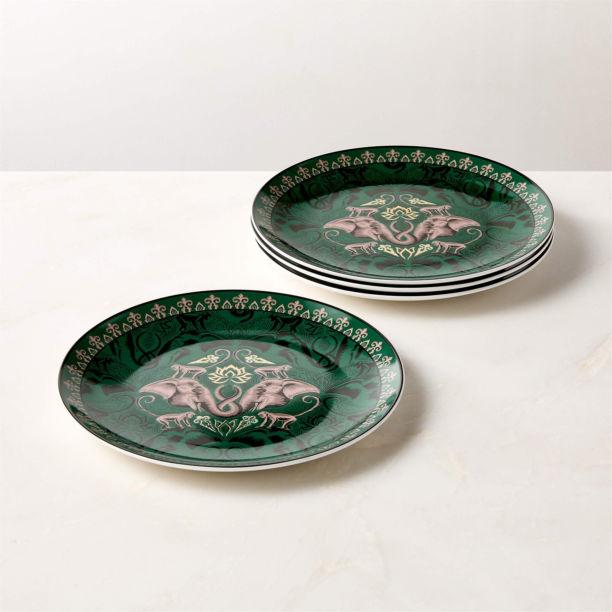 Green and Pink Entwined Elephants Appetizer Plates Set of 4 - The White Lotus + Reviews | CB2 | CB2
