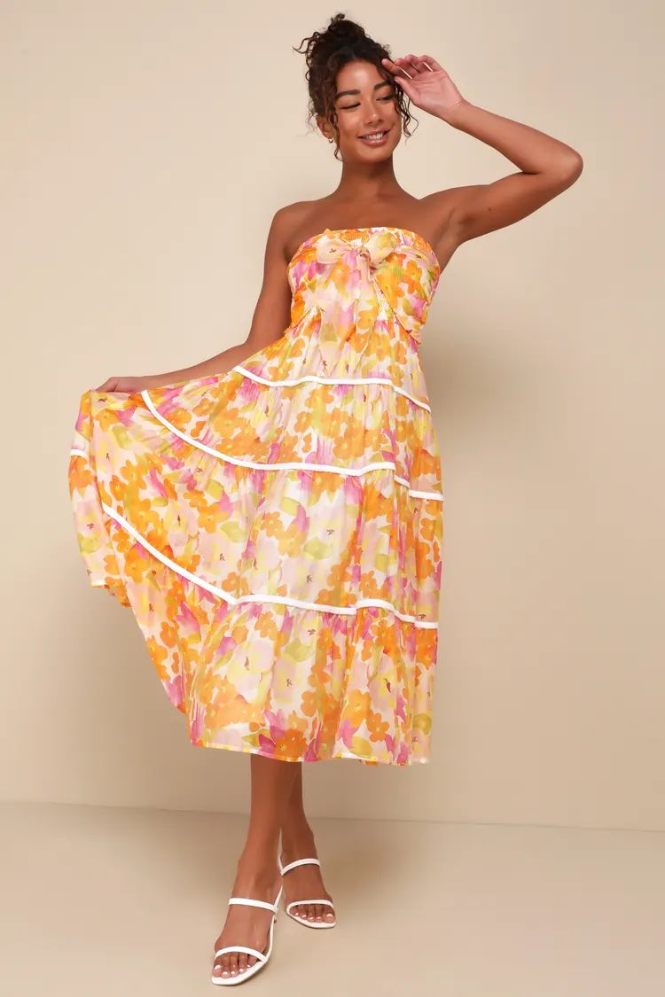 Orange Floral Strapless Tiered Midi Dress | Resort Wear | Resort Dress | Resort Outfits  | Lulus