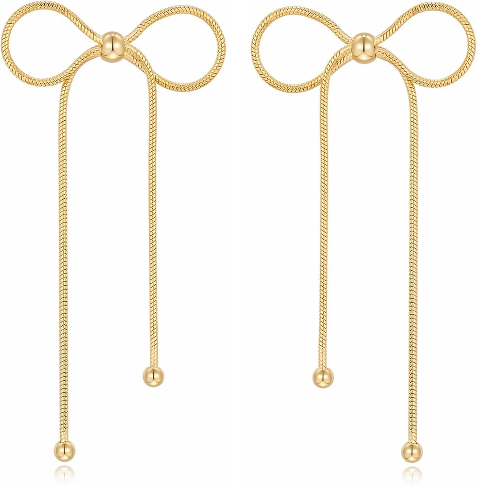 Gold Silver Bow Drop Earrings for Women Long Tassel Chain Bow Earrings Ribbon Bowknot Dangle Earr... | Amazon (US)
