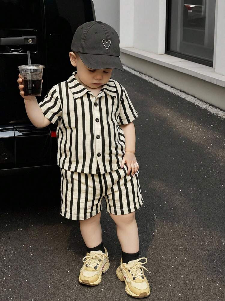 SHEIN Playful Pals 2pcs/Set Infant Baby Boy Summer Polo Collar Cardigan Set Beige Black Stripe Sh... | SHEIN