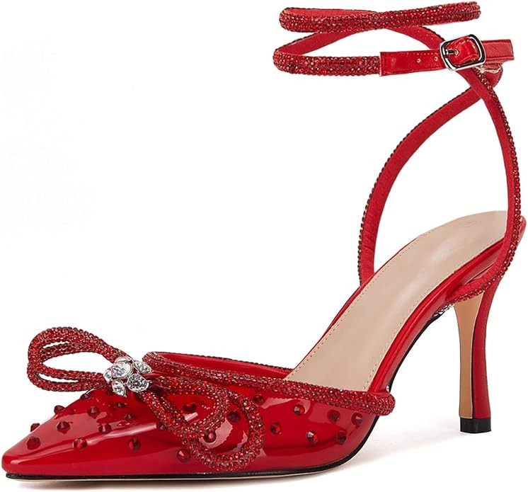 VETASTE Women's Double Bow Pointed Toe Ankle Strap Crystal Pumps Wedding Bridal Party Stilettos B... | Amazon (US)