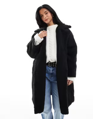 DTT Petite longline double breasted borg jacket in black | ASOS (Global)